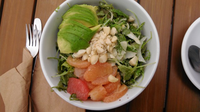 Arugula with fennel, avocado, macadamia nuts, and mixed citrus.