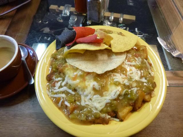 This plate of hevos rancheros was enough for two meals.