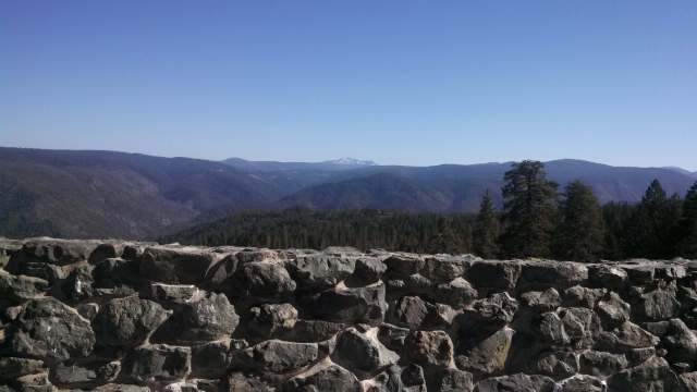The pass is up there somewhere in the snowy part of those mountains.