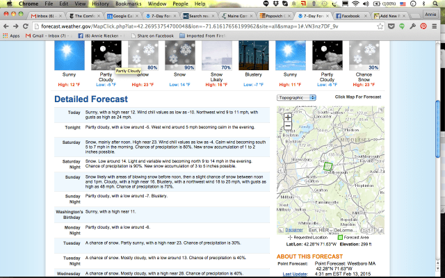 Weather forecast for Westborough, MA, our destination for the weekend.